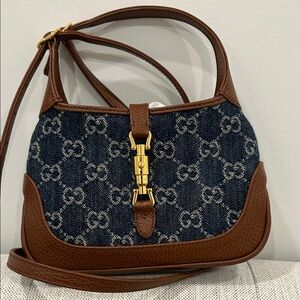 Cucci Jackie mini Blue Denim & Brown Leather . Shoulder Bag with Gold Hardware